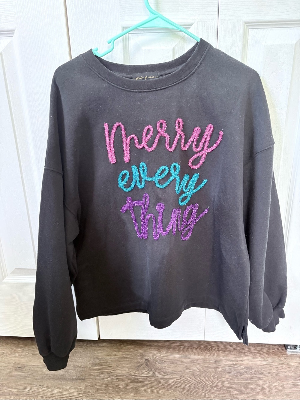 State of Mind Black Crewneck with Pink, Teal & Purple Chenille Script